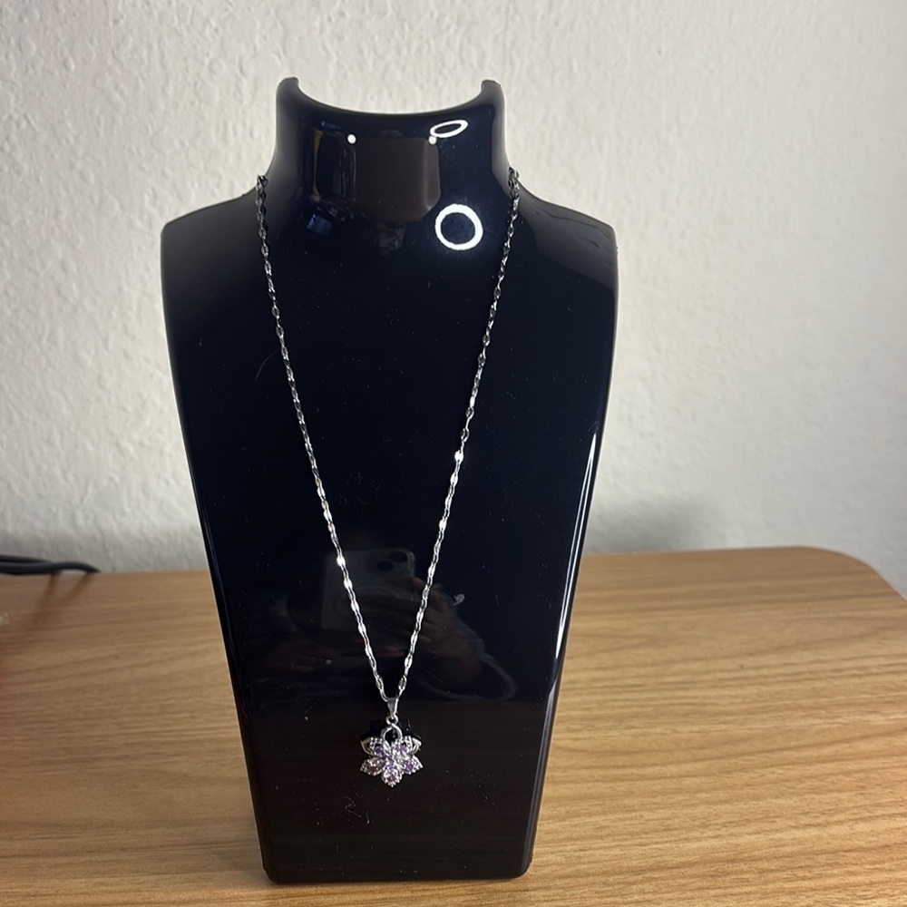 - Elegant Silver Necklace with Purple Pendant(Stainless Steel)